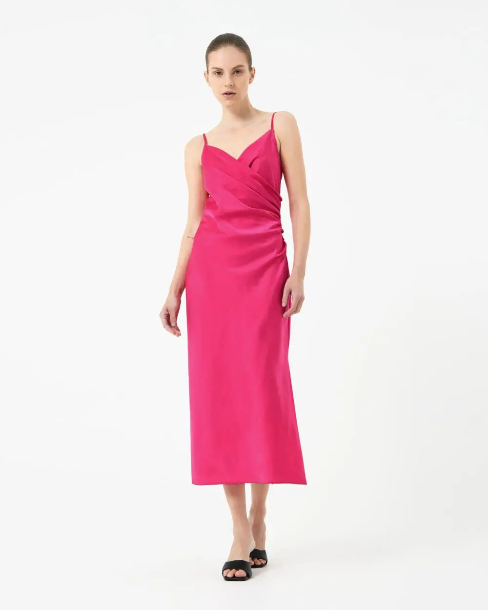 Forcast Clothing, the Staria Draped Camisol Dress featuring silky satin shine, side slit hem and drape silhouette