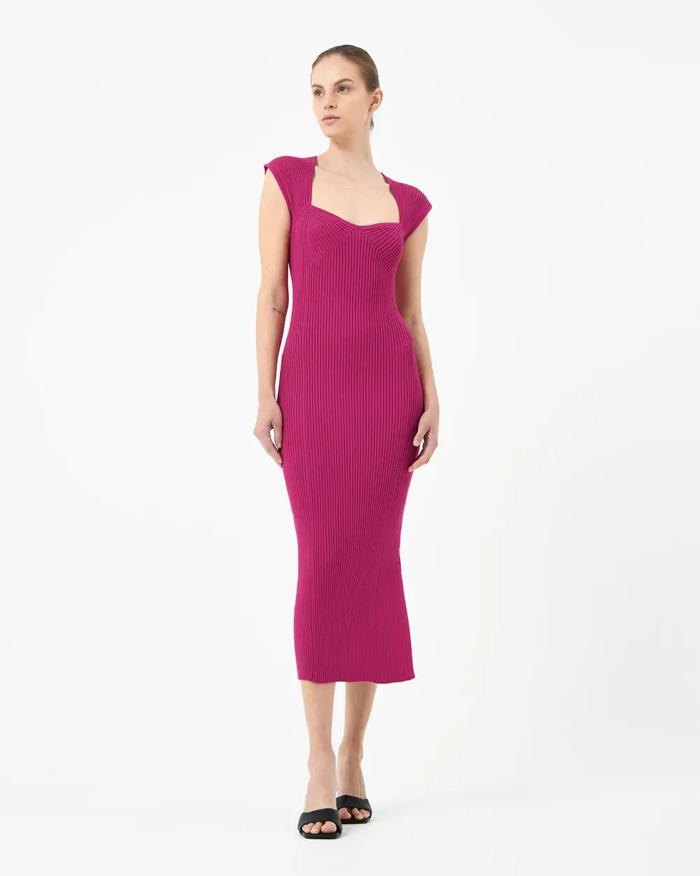 Forcast Clothing, the Mara Heart Neck Knit Dress, featuring sweetheart neckline, cap sleeves and a fitted silhouette