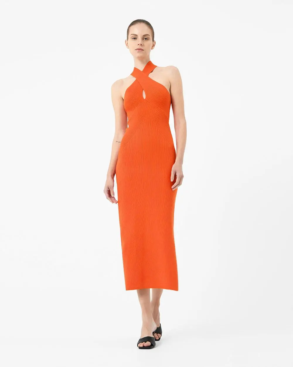Forcast Clothing, the Beatrix Criss-Cross Neckline Knit Dress, featuring criss cross detail in a fitted ribbed knit texture