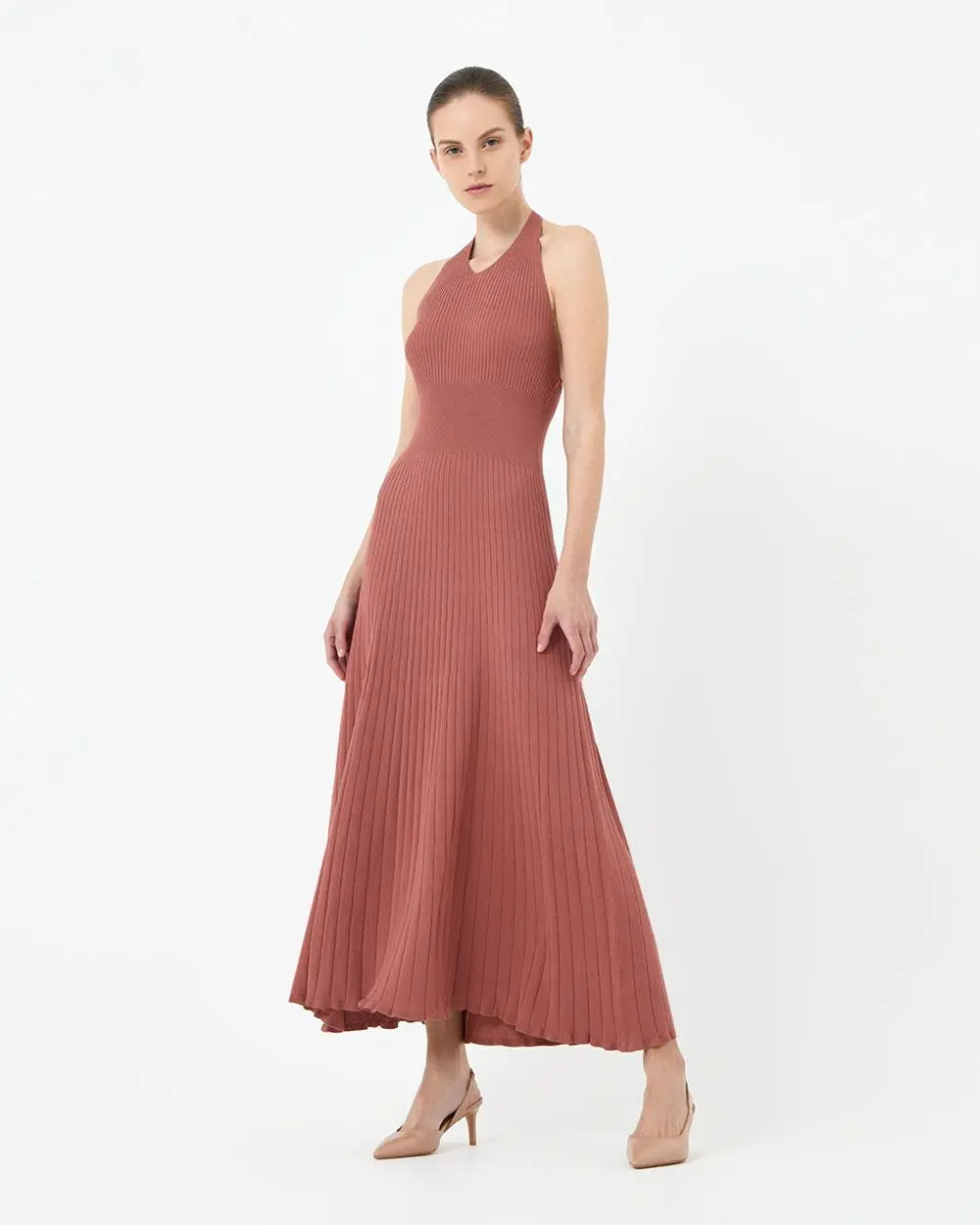 Forcast clothing, the Akaroa Halter Neck Knit Dress, features a halter neckline and stretch knit fabric