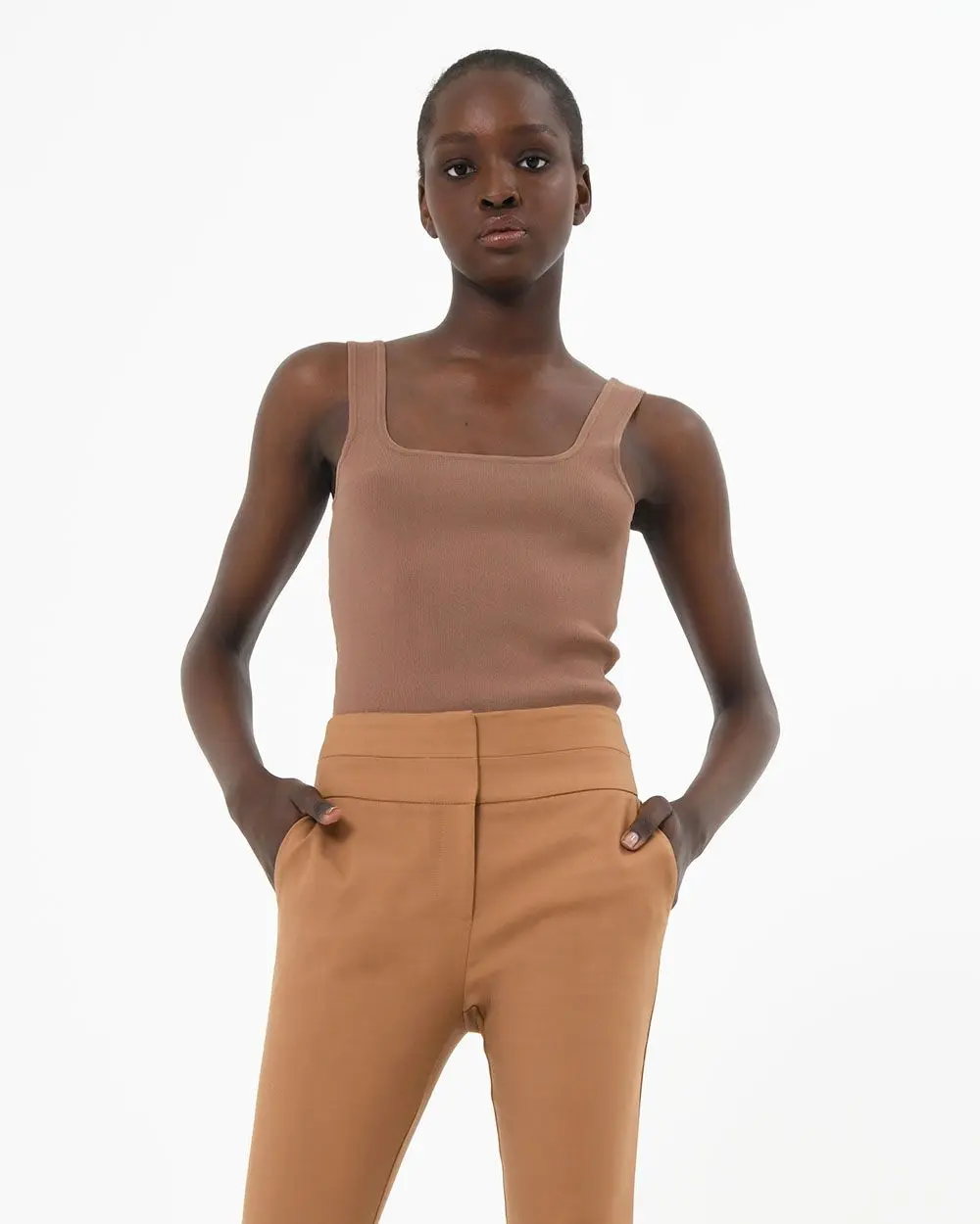 Forcast clothing, the Miami Cropped Sleeveless Knit Top, featuring a ribbed texture and cropped length.