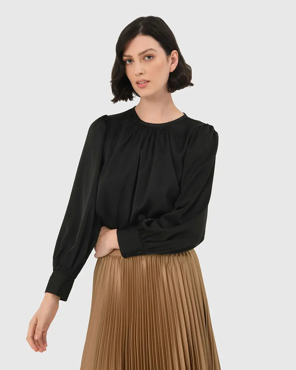 Forcast Clothing, the Cameron Satin Blouse features gathered details and silky satin fabrication