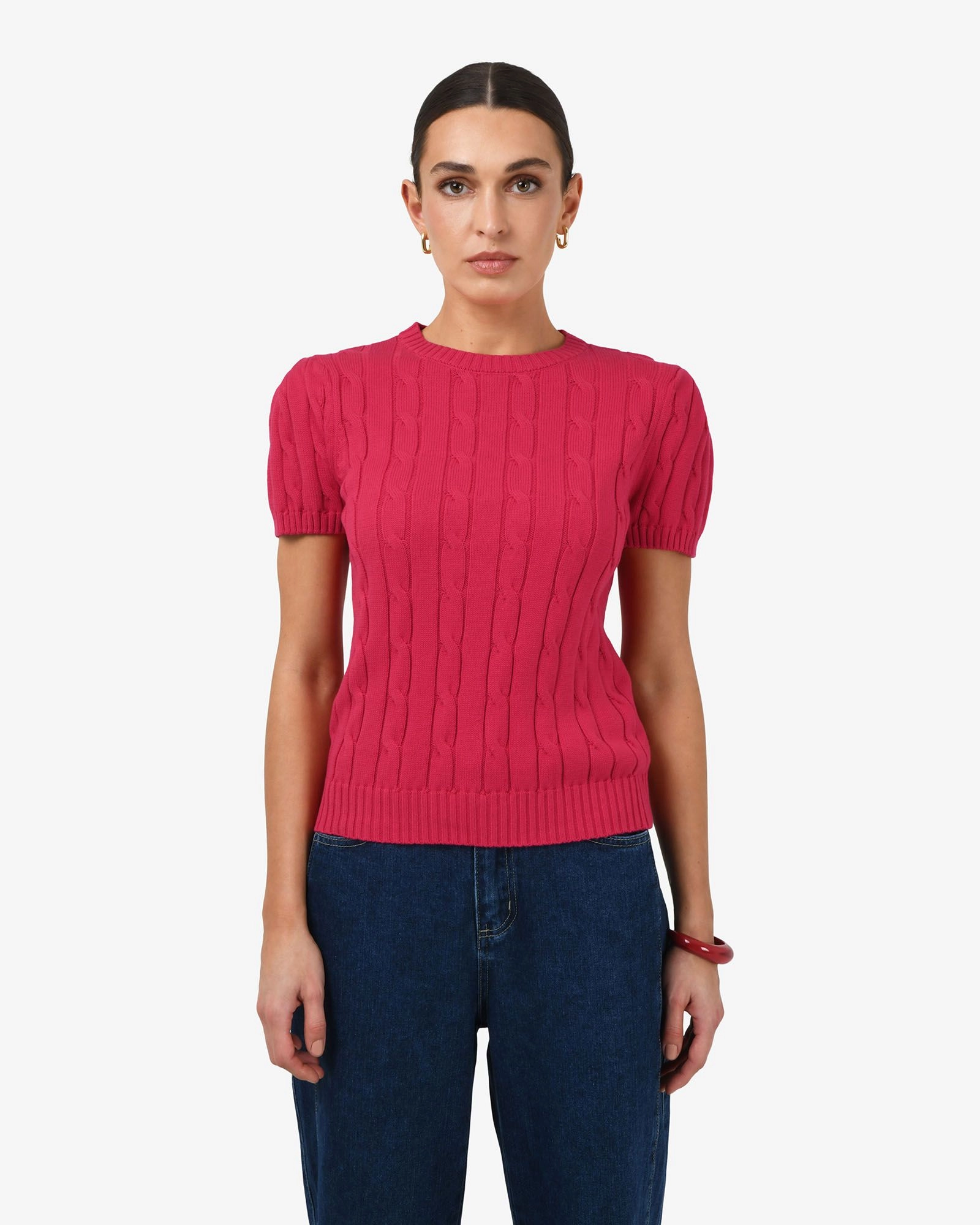Forcast Clothing - Berry Puff Sleeve Cable Knit