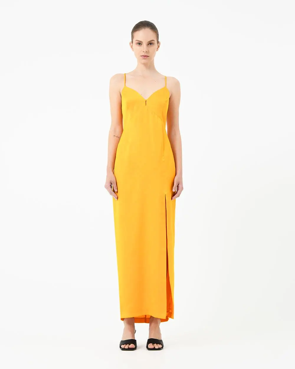 Forcast Clothing, the Muse Backless Maxi Dress, featuring thigh split and v-neckline 