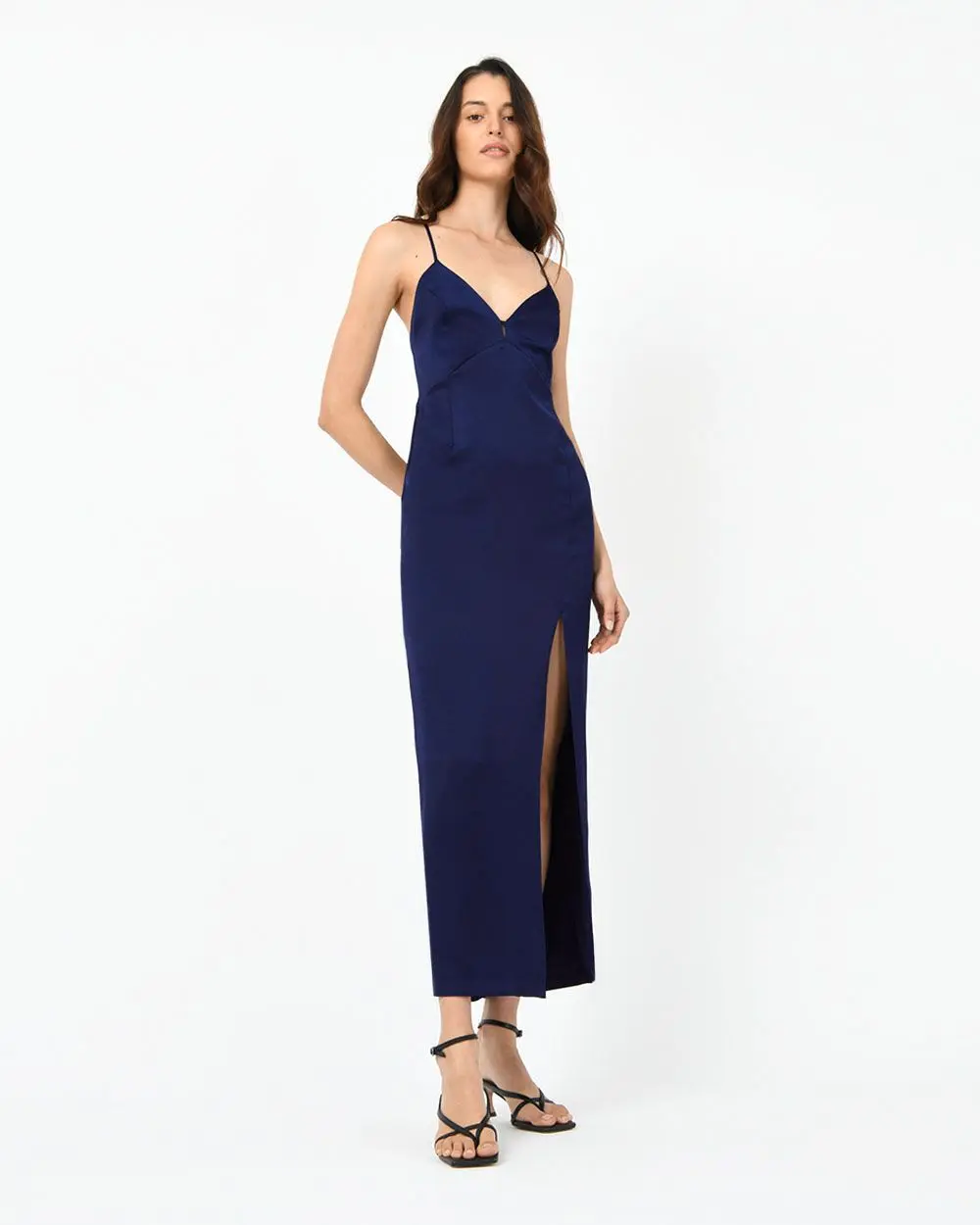 Forcast Clothing, the Muse Backless Maxi Dress, features a leg split and backless design