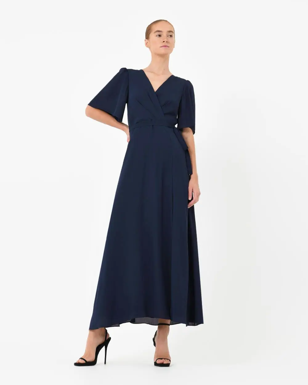 Forcast Clothing, the Cannes Draped Sleeve Maxi Dress, featuring flutter sleeves and cross over front pleats