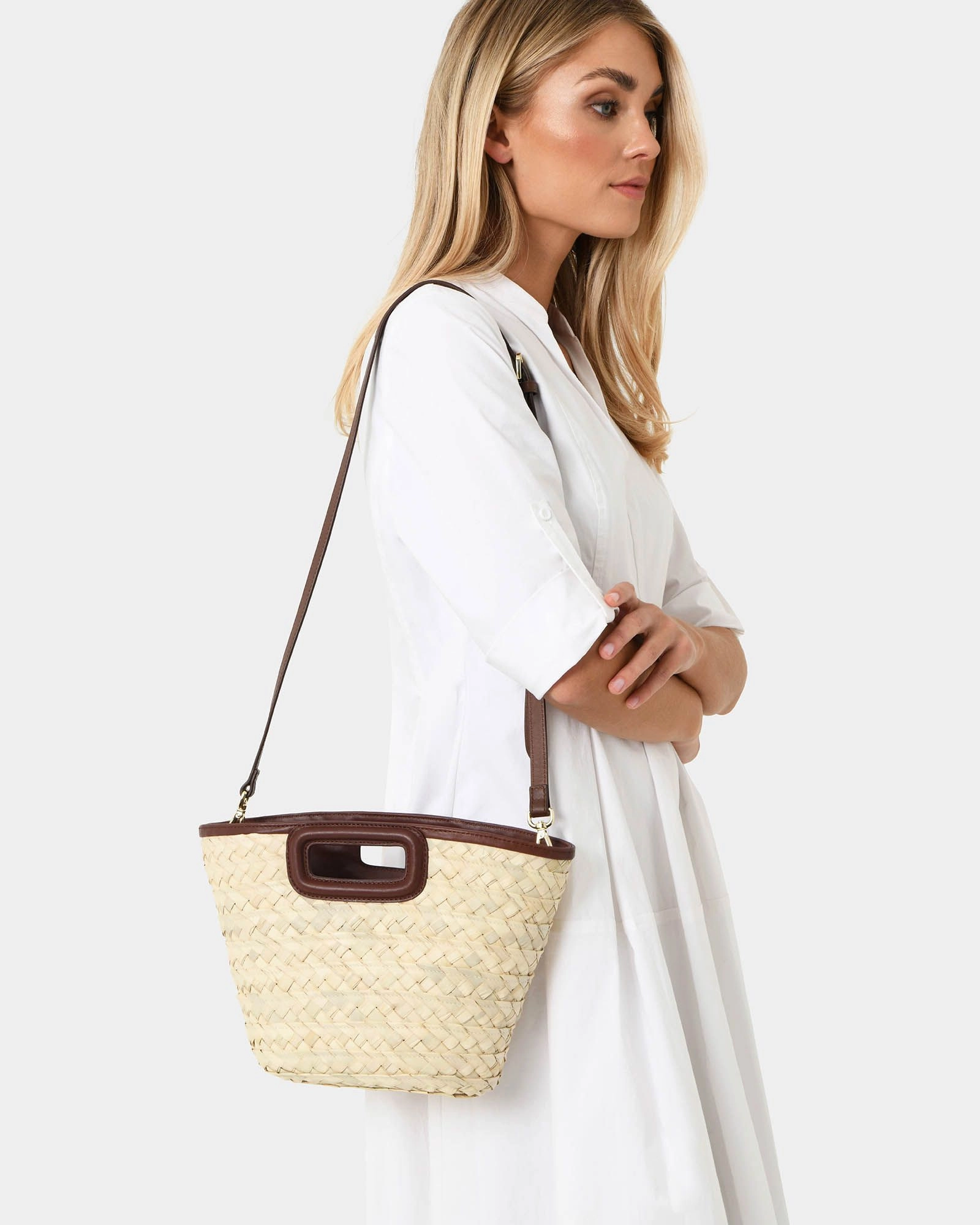Forcast Clothing - Rome Leather Trim Palm Leaf Weave Bag S