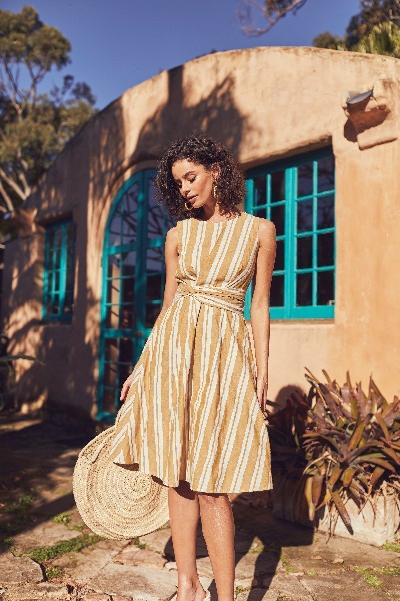 Model Wearing Stripe A-line Dress in Yellow