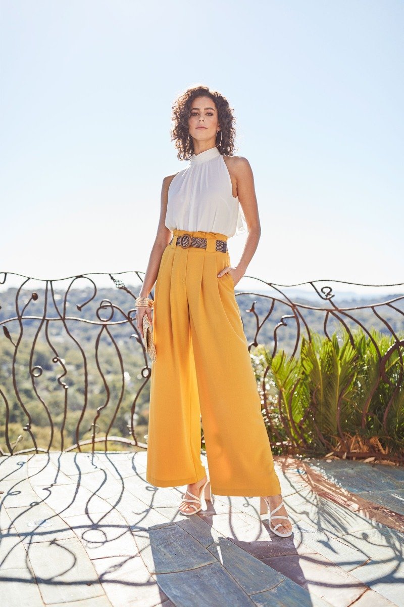 Image of Model wearing Wide Leg Mustard Pants